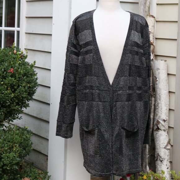 August Silk Plus Size Black Silver Metallic Striped Long Cardigan Sz 2X - Picture 1 of 7